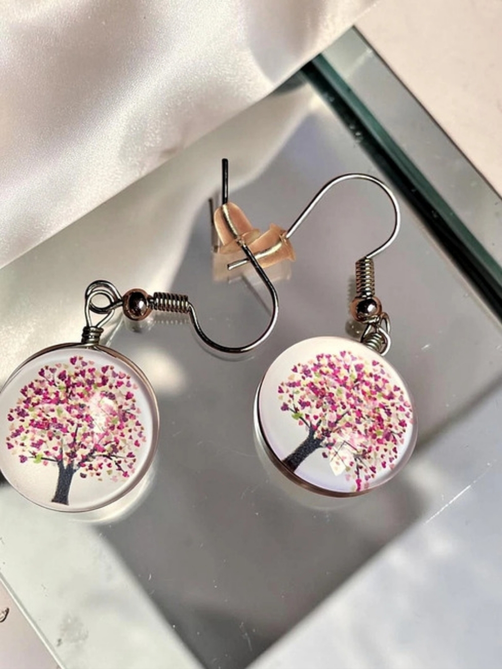 Fashion Jewelry Pink & Green Heart Tree Acrylic Cabochon Drop Earrings (New)